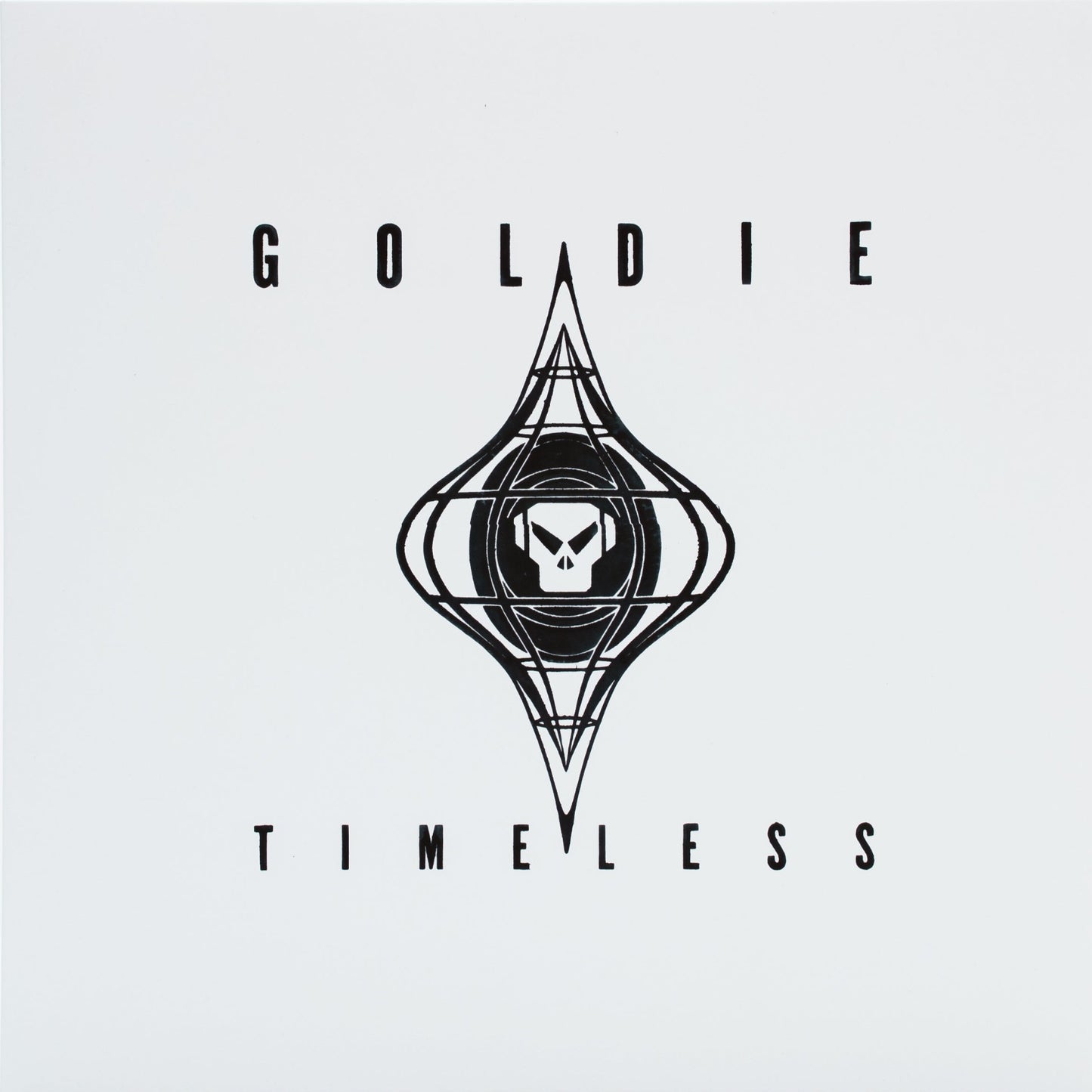 Goldie Timeless 30th anniversary sleeve with black handstamped 'Goldie Timeless' logo on a white background