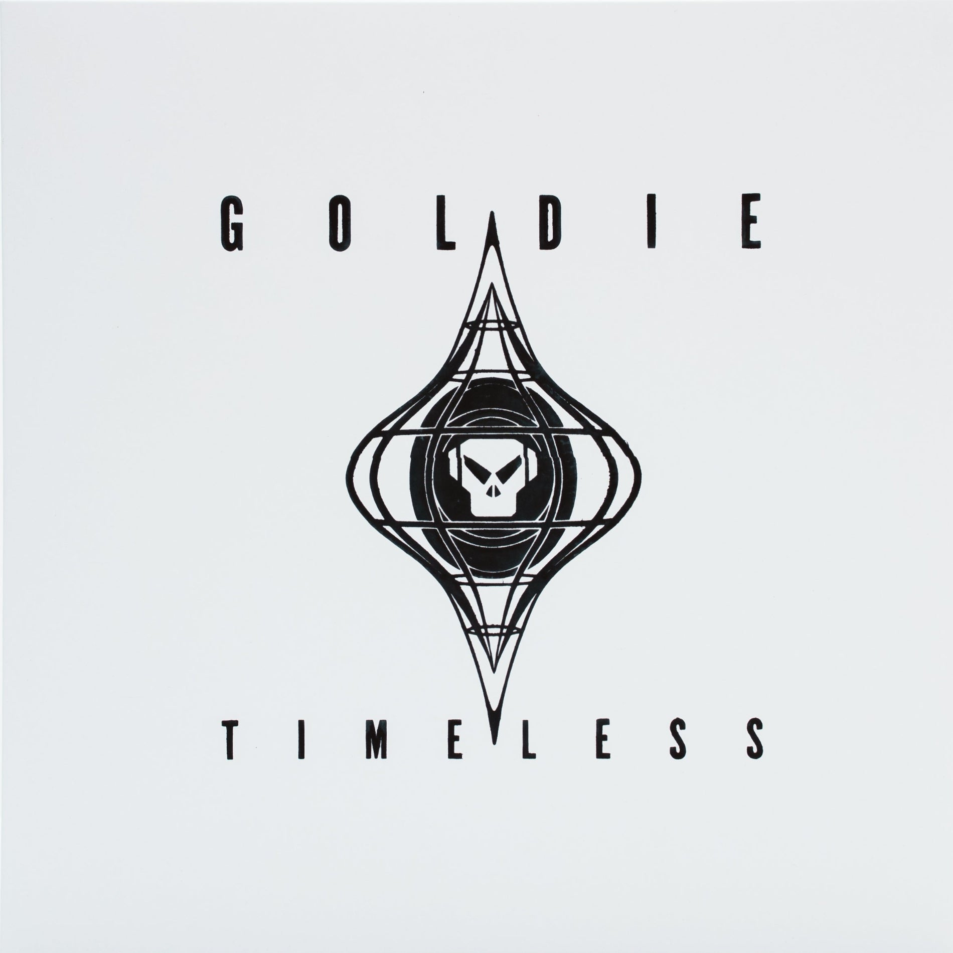 Goldie Timeless 30th anniversary sleeve with black handstamped 'Goldie Timeless' logo on a white background