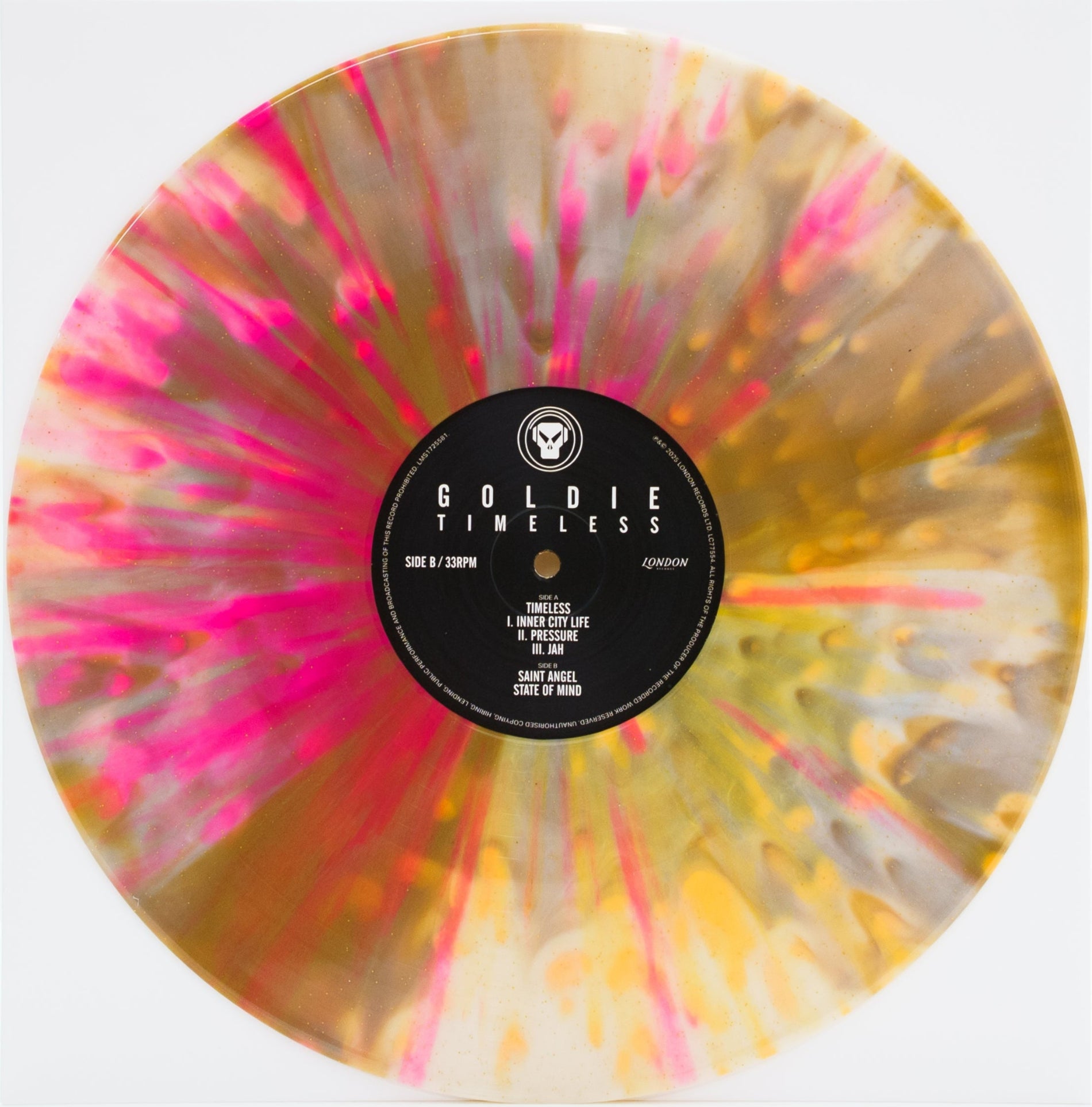 Vinyl record with a colorful swirl design and 'Goldie Timeless' label on a white background